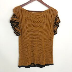 Loft Ann Taylor Mustard Black Open Knit Short Sleeve Sweater Top